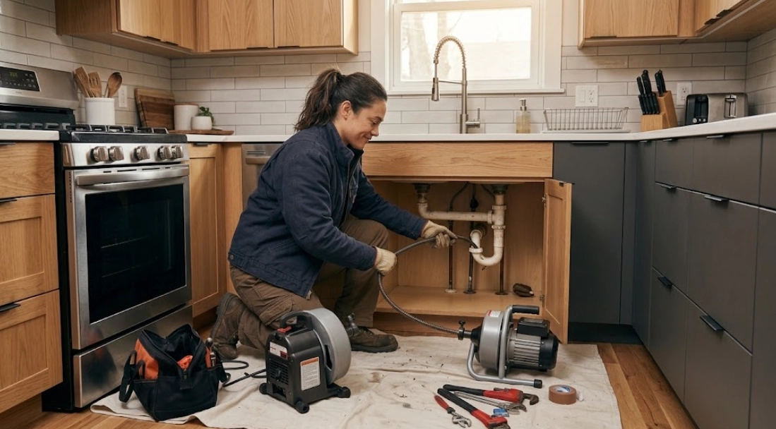 drain cleaning Queens Village Queens technician clearing kitchen sink blockage