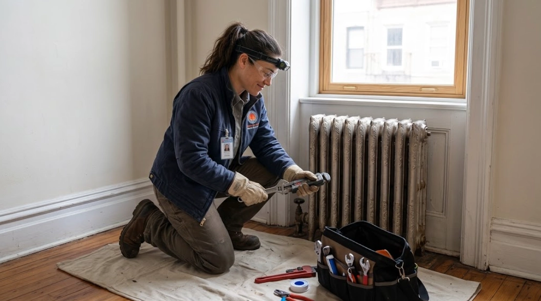 radiator repair Queens Village Queens technician fixing steam radiator valve